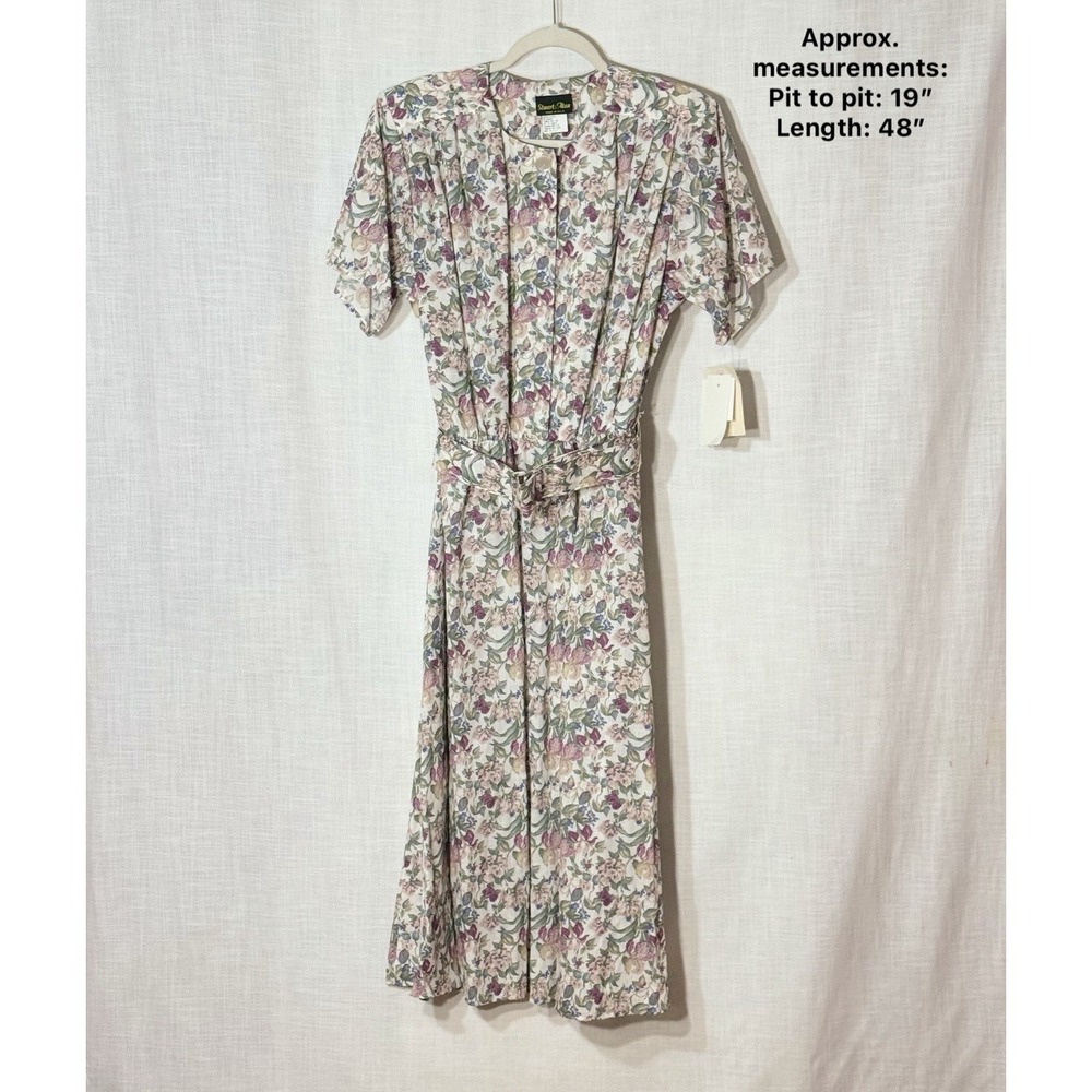 Vintage Deadstock Stuart Alan Floral Midi Dress Pleated Belted Made USA Size 16